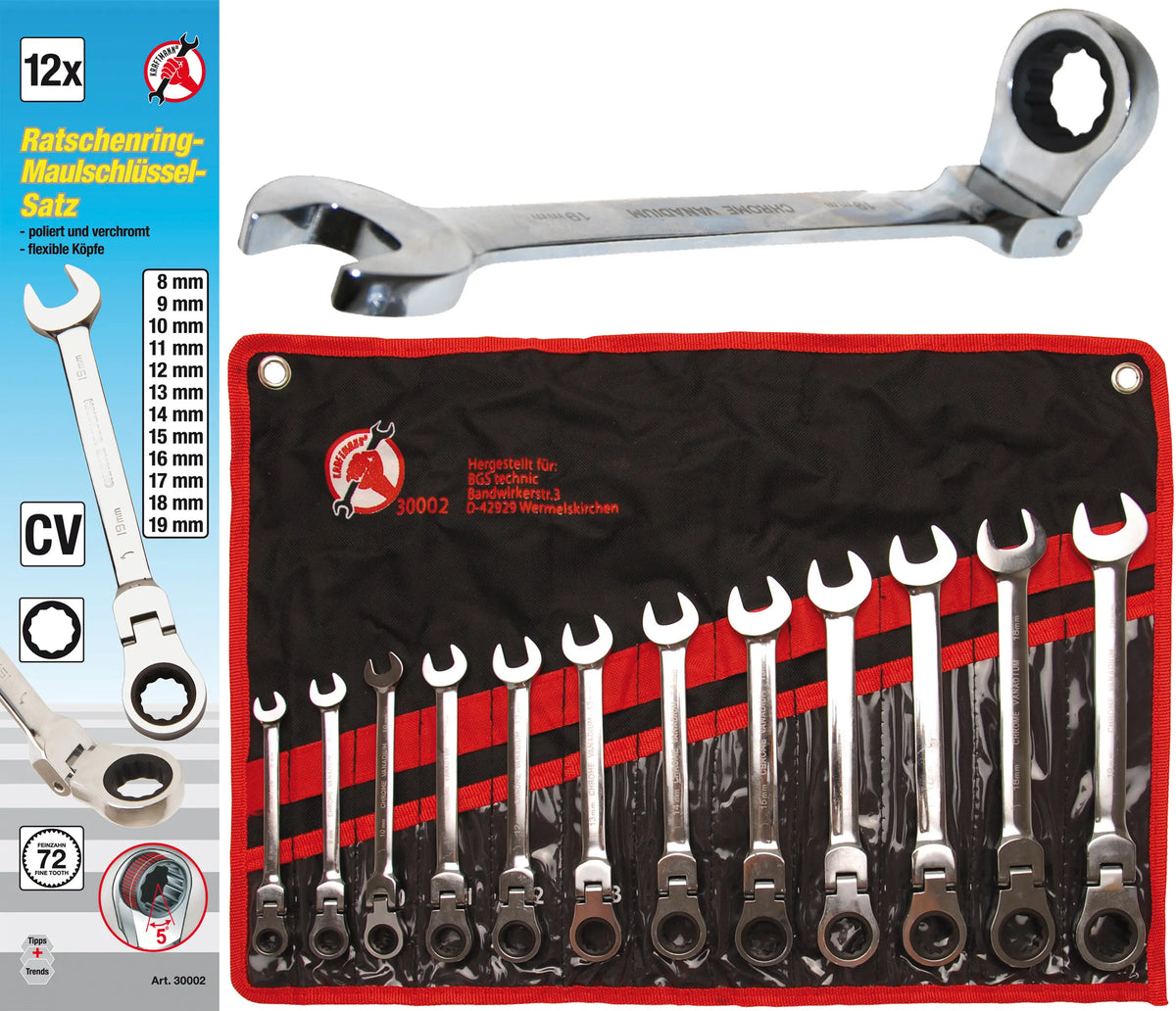 Juego de Llaves Combinadas con Carraca Articulada BGS | 8 - 19 mm (12 Piezas)