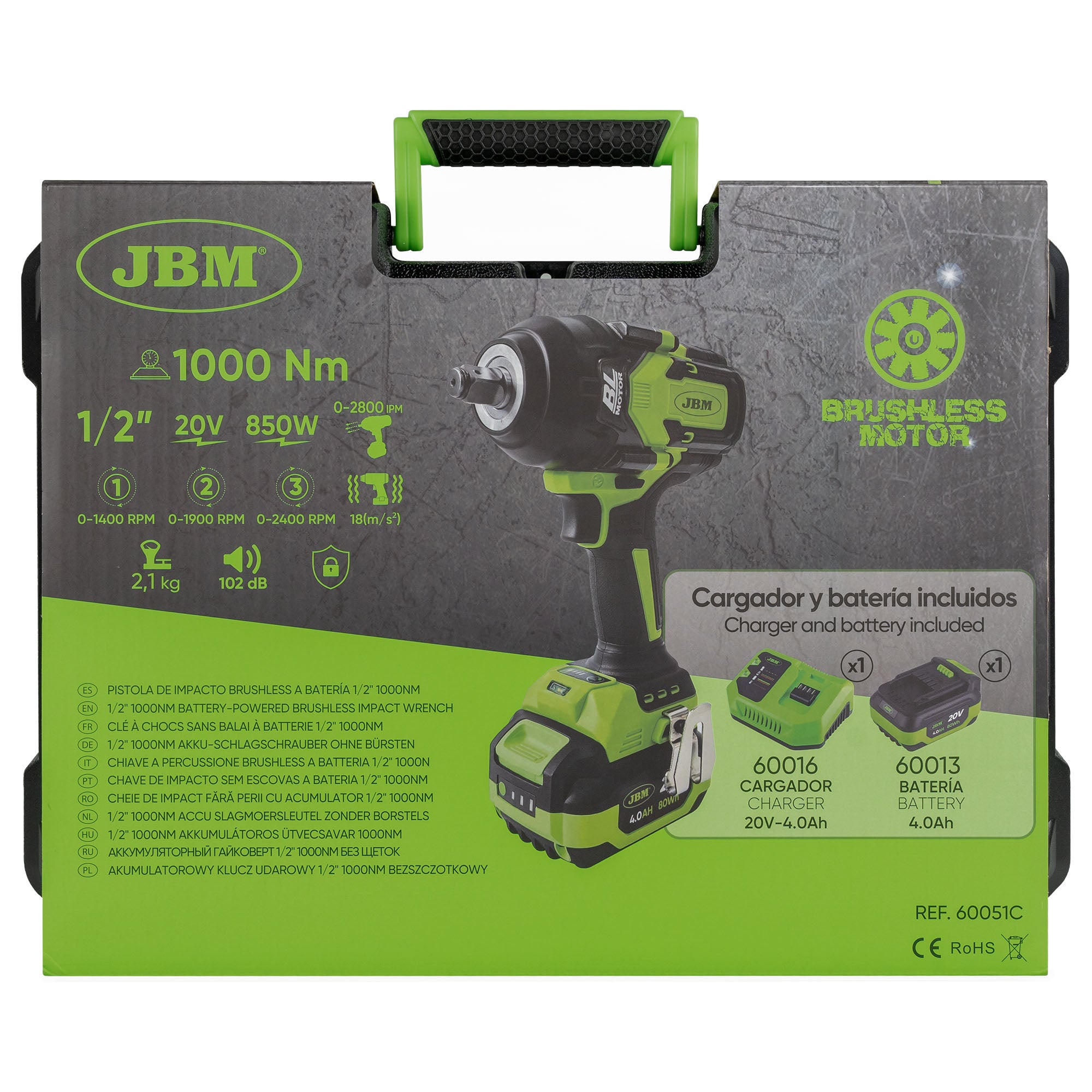 PISTOLA DE IMPACTO BRUSHLESS A BATERÍA 1/2" 1000NM CON MALETÍN