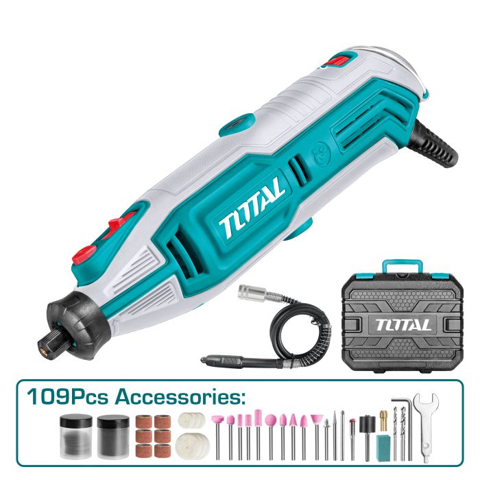 Multiherramienta Rotativa TOTAL 130W – Kit con Eje Flexible y 109 Accesorios (TG513326E)