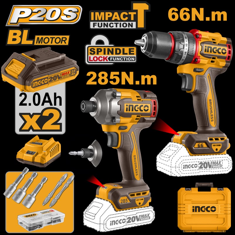 Pack Ingco Atornillador de Impacto 285NM + Taladro 66NM