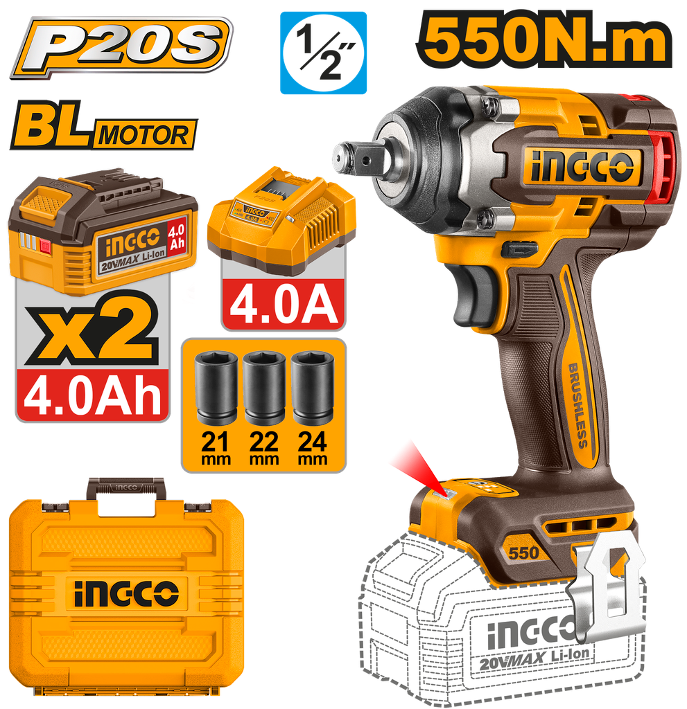 Pistola de Impacto 20V 550 Nm 1/2" Brushless con Kit Completo