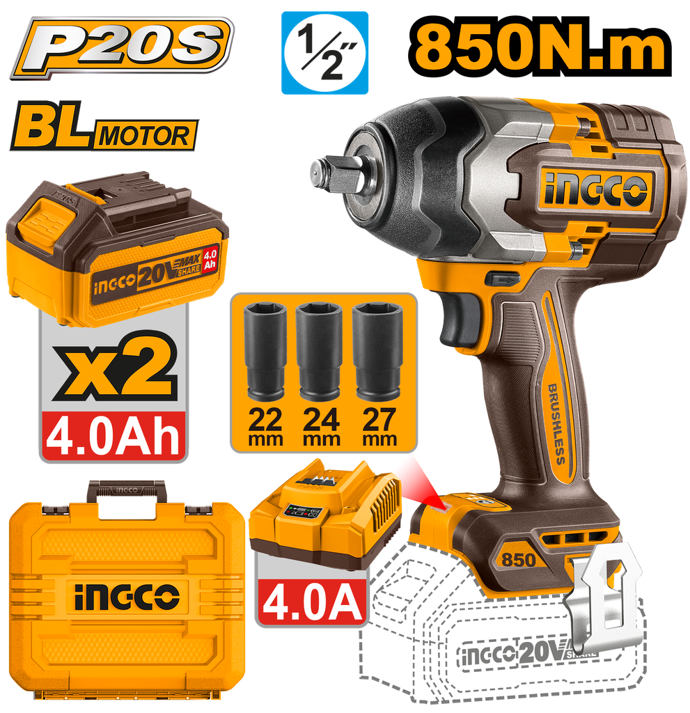 Pistola de Impacto 20V 850 Nm 1/2" Brushless con Kit Completo