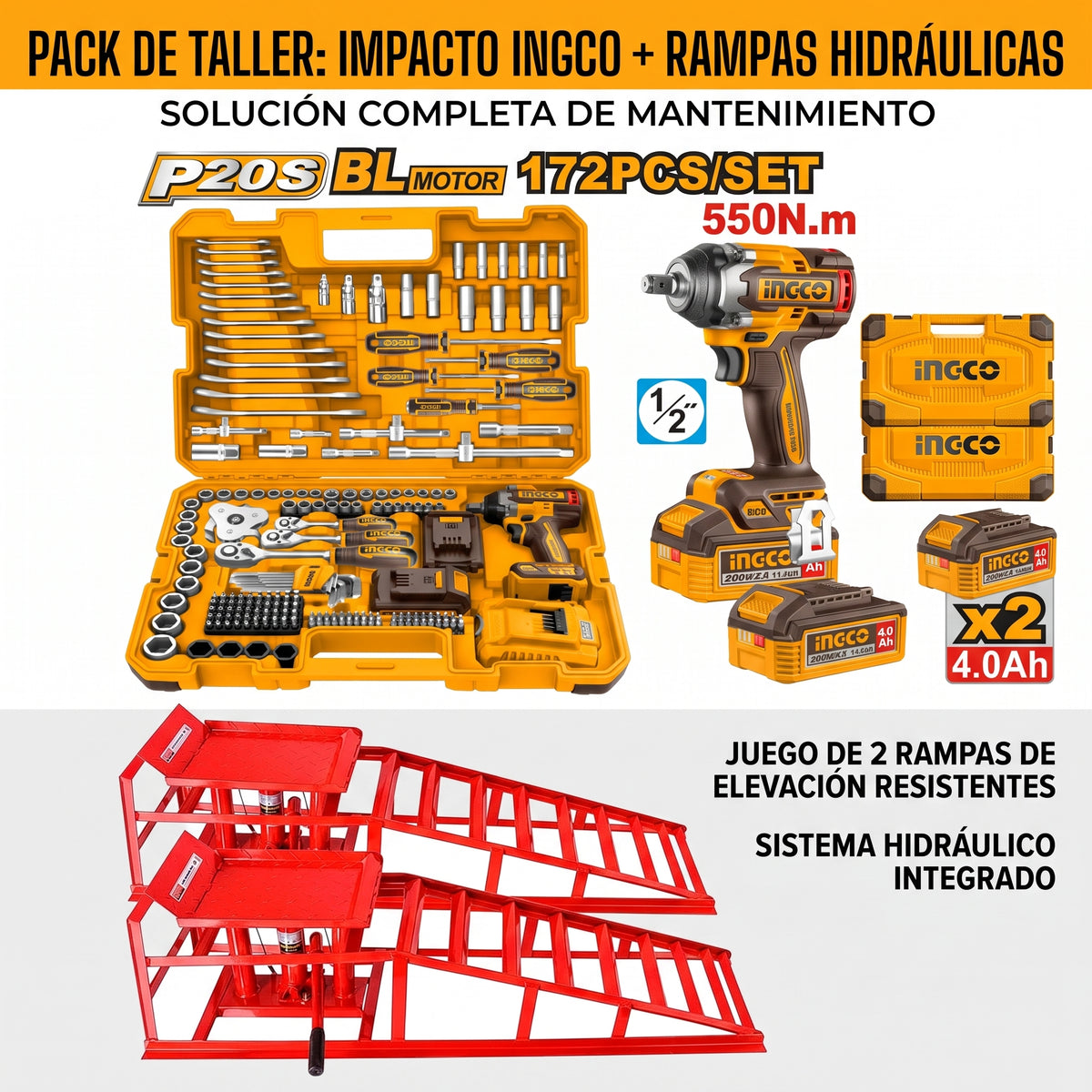 Pack mantenimiento Maletin Ingco 172 pz + Rampas Hidraulicas